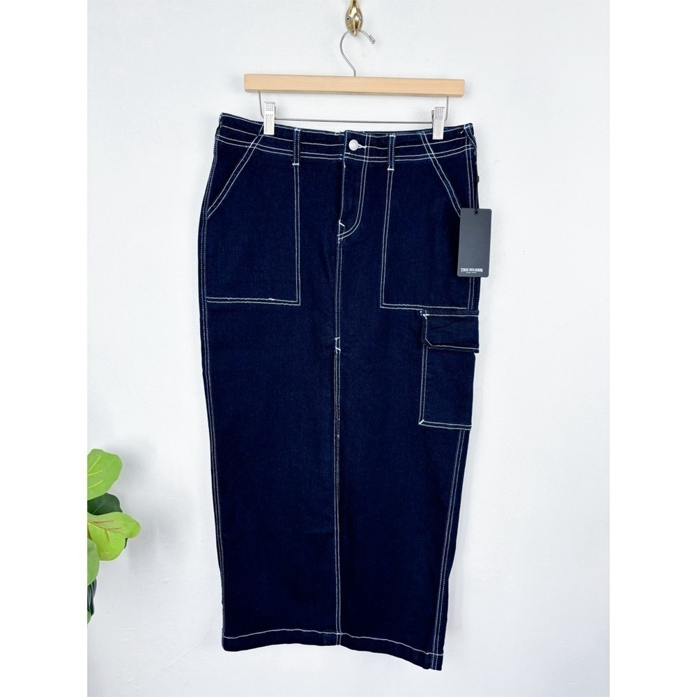 NWT True Religion Dark Wash Contrast Stitch Denim Cargo Slitted Maxi Skirt Sz 29
